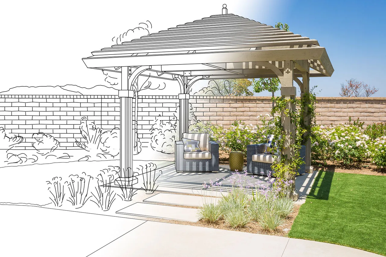 Backyard patio shaded by a pergola with outdoor seating