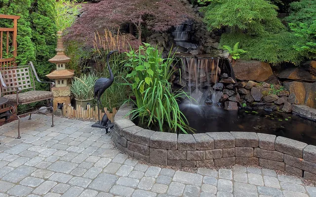 Stone-edged koi pond and waterfall in a layered shade garden