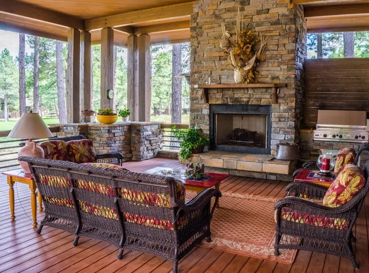 indoor stoned fireplace