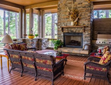 indoor stoned fireplace